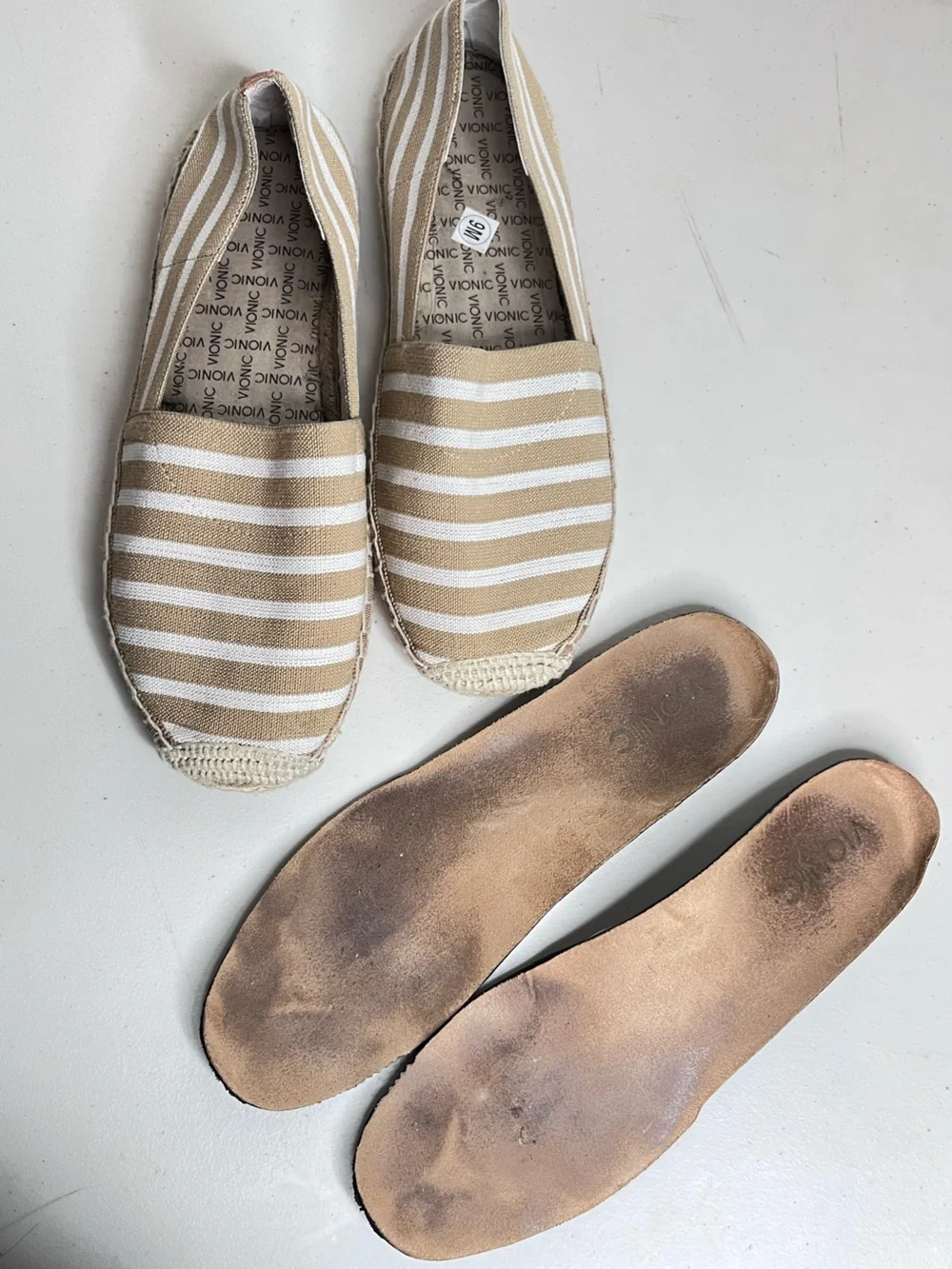 Vionic Valeri Sand Striped Nautical Coastal Resort Espadrille Flats Sz 9